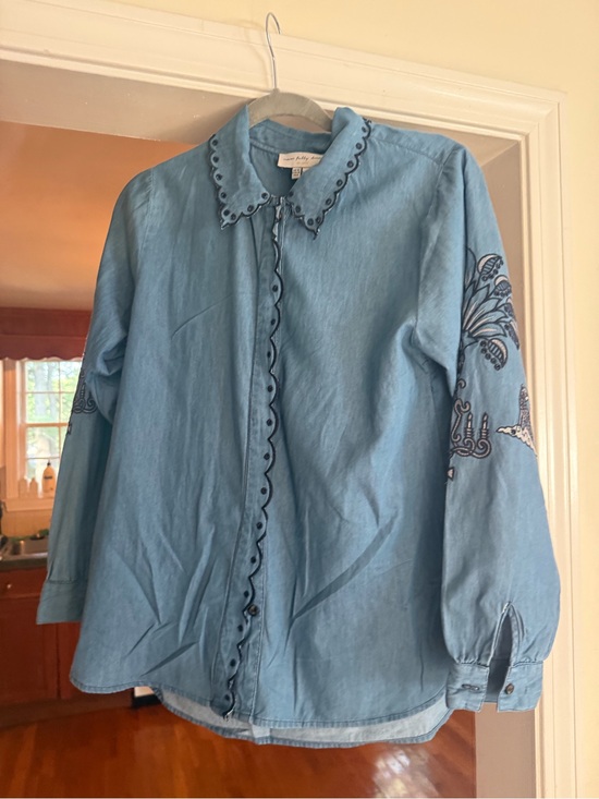 Never Fully Dressed Tops - Never Fully Dressed Blue Embroidered Cheetah Chambray Shirt Size 6